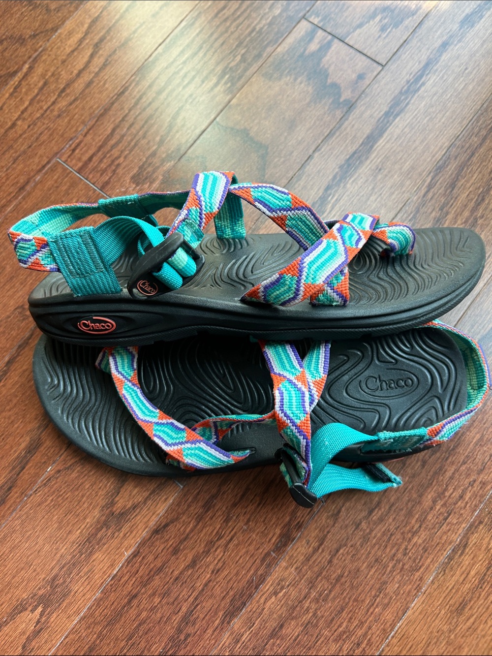 Chaco Women Z/Cloud 2 Sandals Teal Purple Orange Strappy Toe Loop Size 10 - Picture 3 of 5